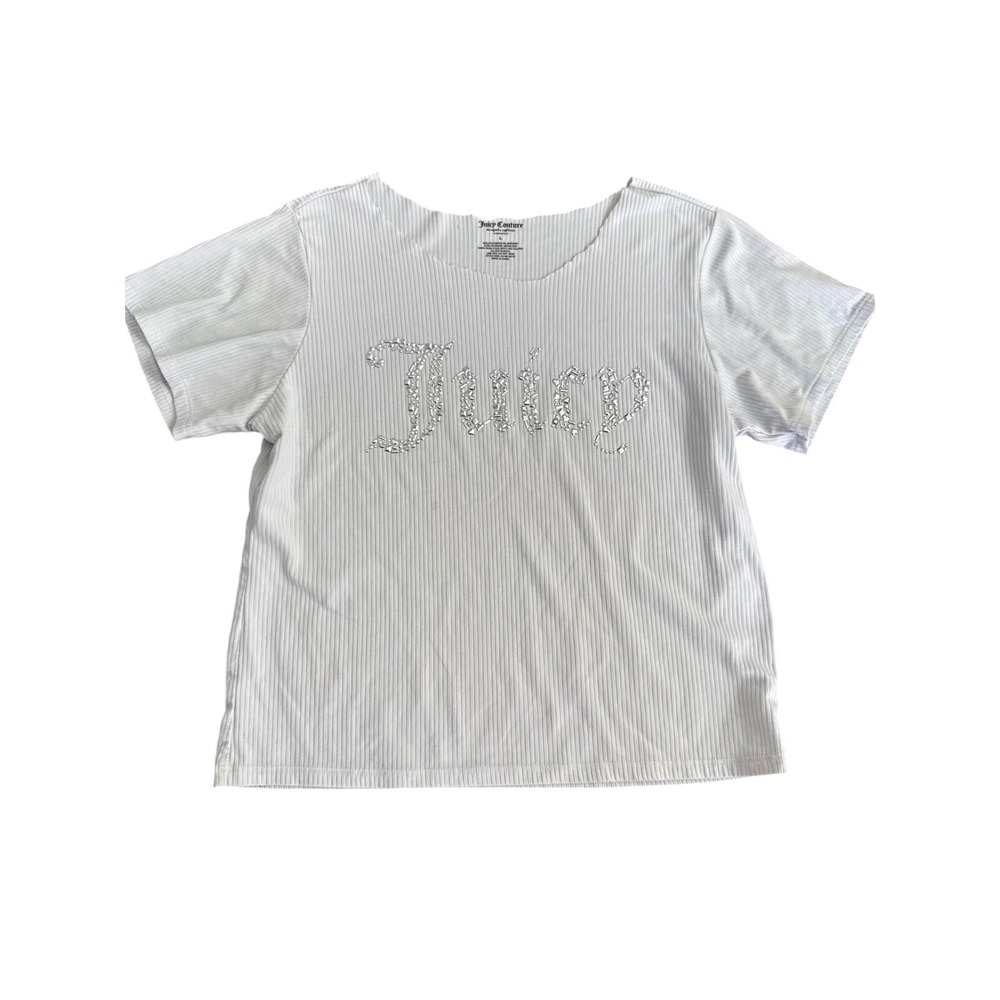 Juicy Couture Ribbed Pajama Top Y2K Rhinestone Logo White Sleep Shirt Large